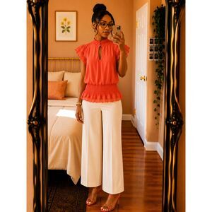 Lace Smocked Peplum Keyhole Coral Orange Blouse Cap Sleeve XOXO Size S Y2K VTG